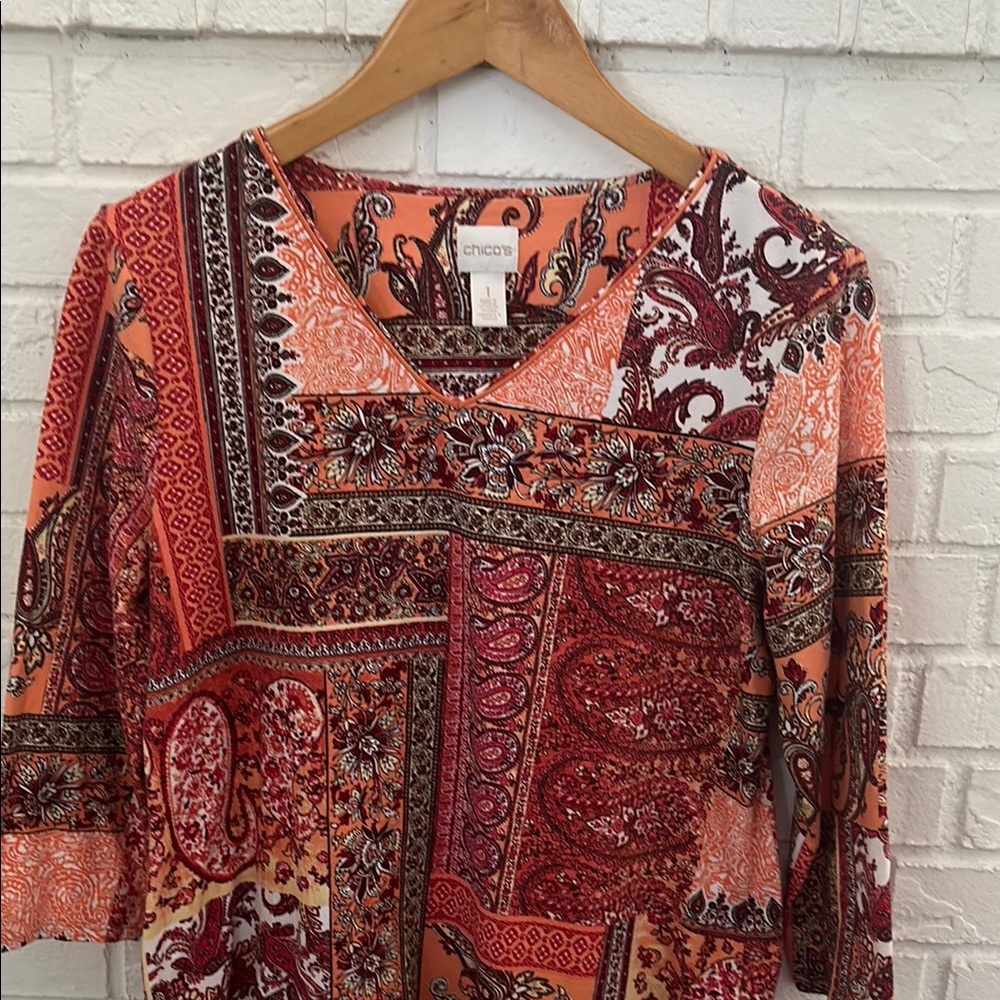 Chico's Women's Red and Orange Patchwork Blouse - Picture 3 of 12